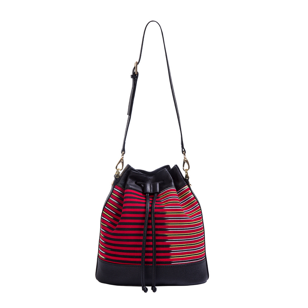 Handcrafted Black Leather & Striped Fabric Convertible 3‑in‑1 Bag – Hand, Shoulder & Backpack
