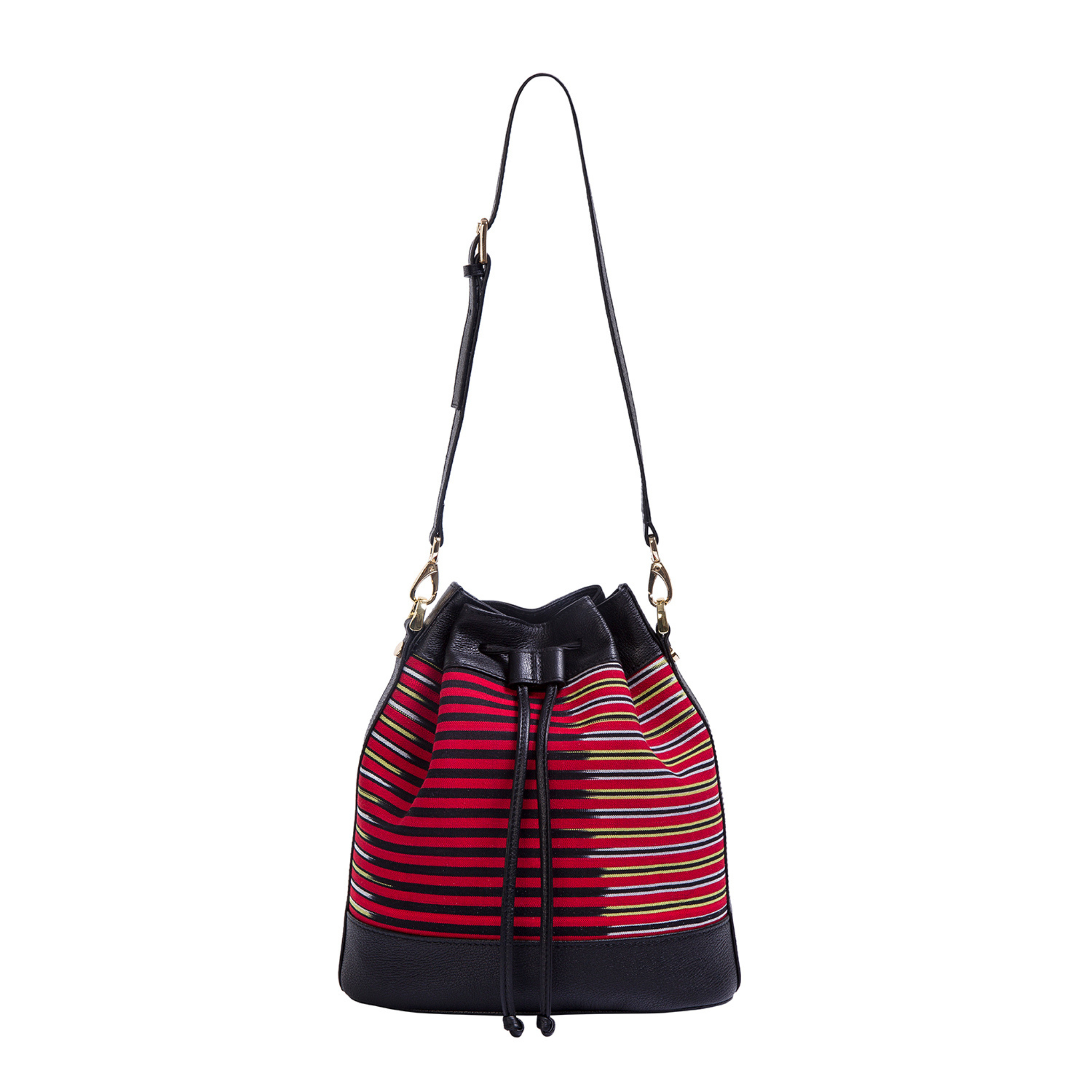 Handcrafted Black Leather & Striped Fabric Convertible 3‑in‑1 Bag – Hand, Shoulder & Backpack