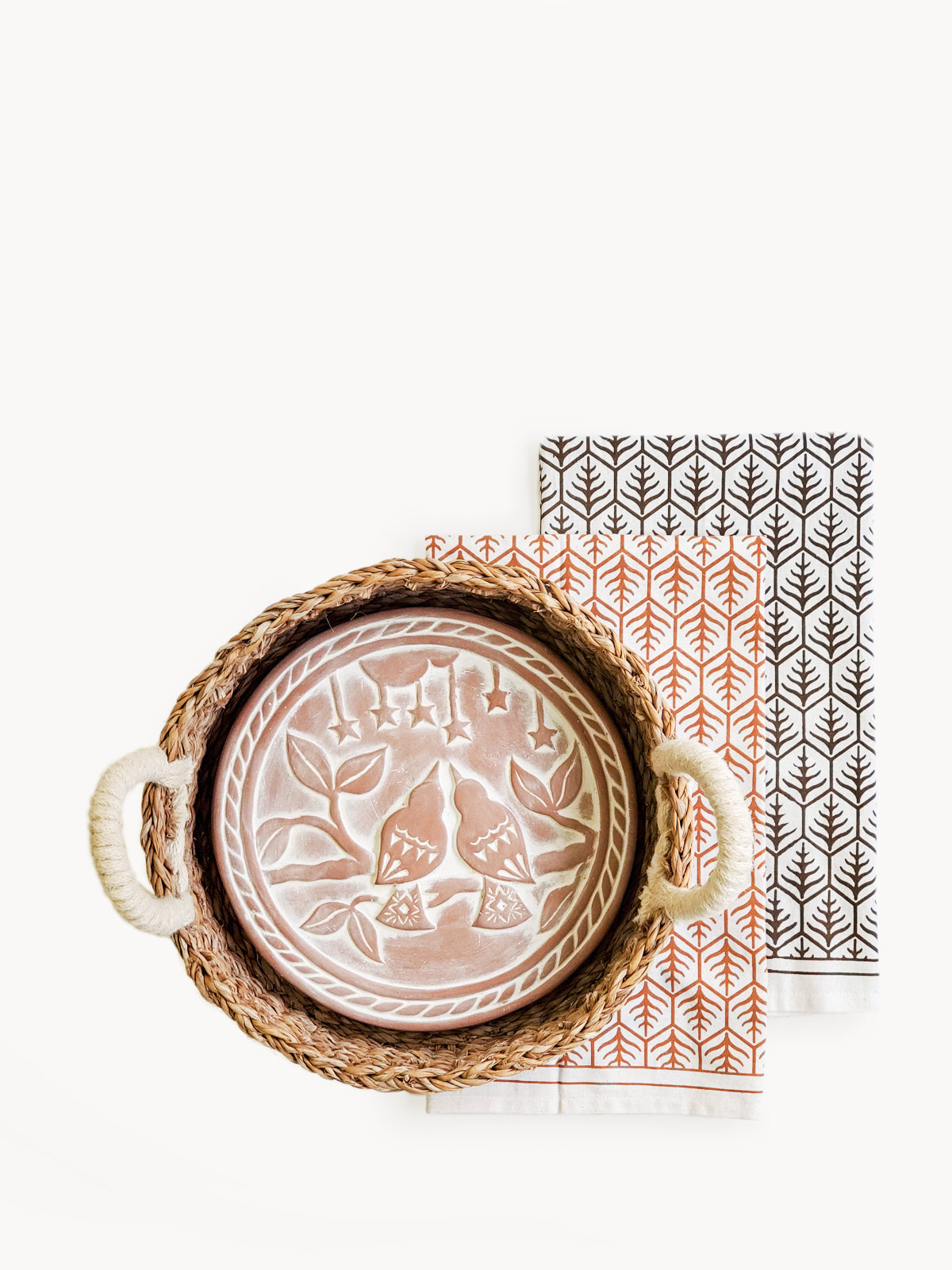 Lovebird Terracotta Bread Warmer Gift Set – Round Basket & Hand‑Printed Tea Towel | Korissa Artisan Serveware