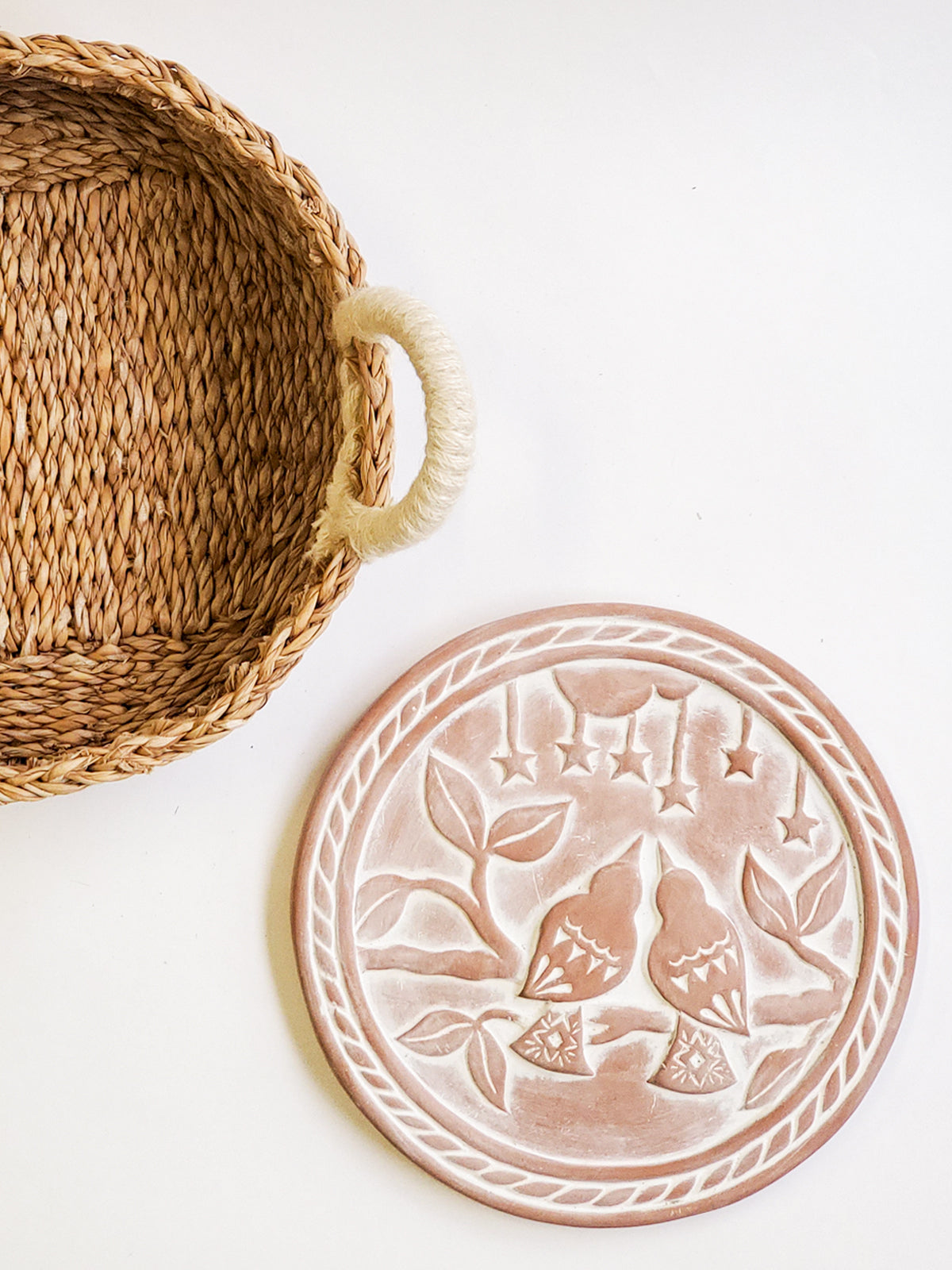 Lovebird Terracotta Bread Warmer Gift Set – Round Basket & Hand‑Printed Tea Towel | Korissa Artisan Serveware
