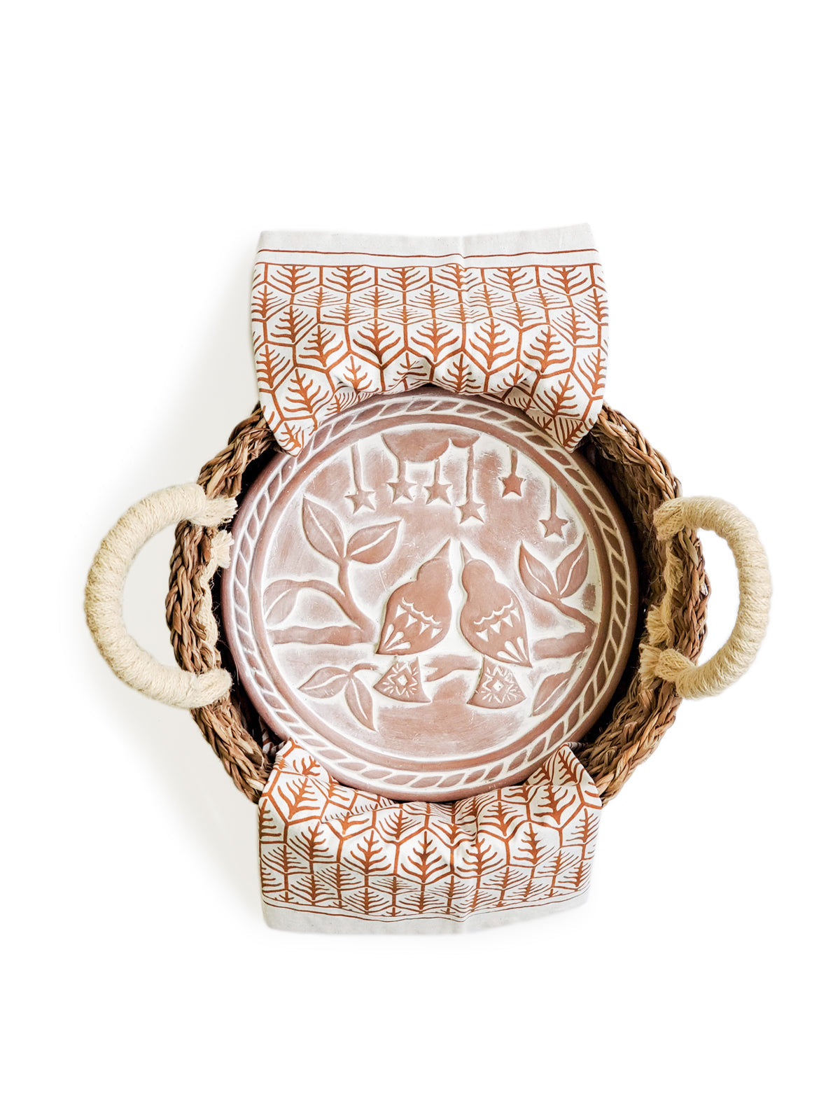 Lovebird Terracotta Bread Warmer Gift Set – Round Basket & Hand‑Printed Tea Towel | Korissa Artisan Serveware