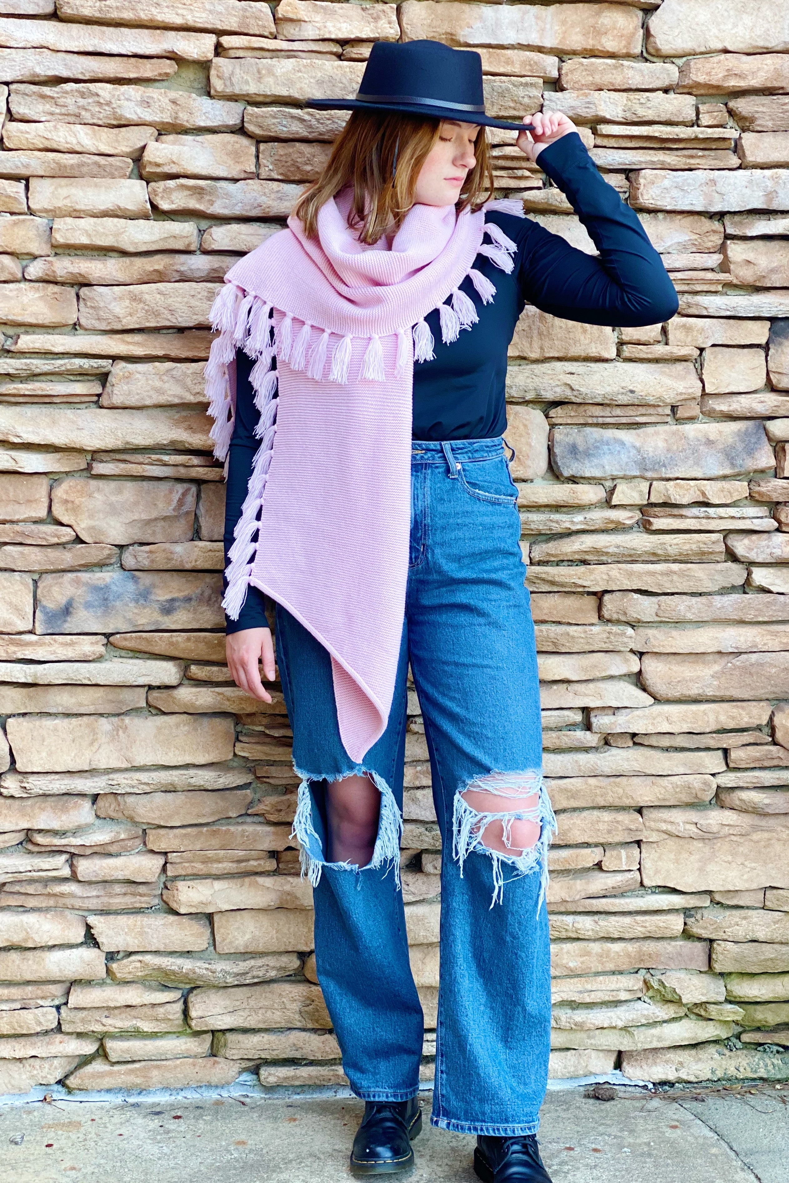 Feminine Fringe Blanket Scarf – Soft Cozy Pink | Winter Fashion Accessory by Ellison+Young