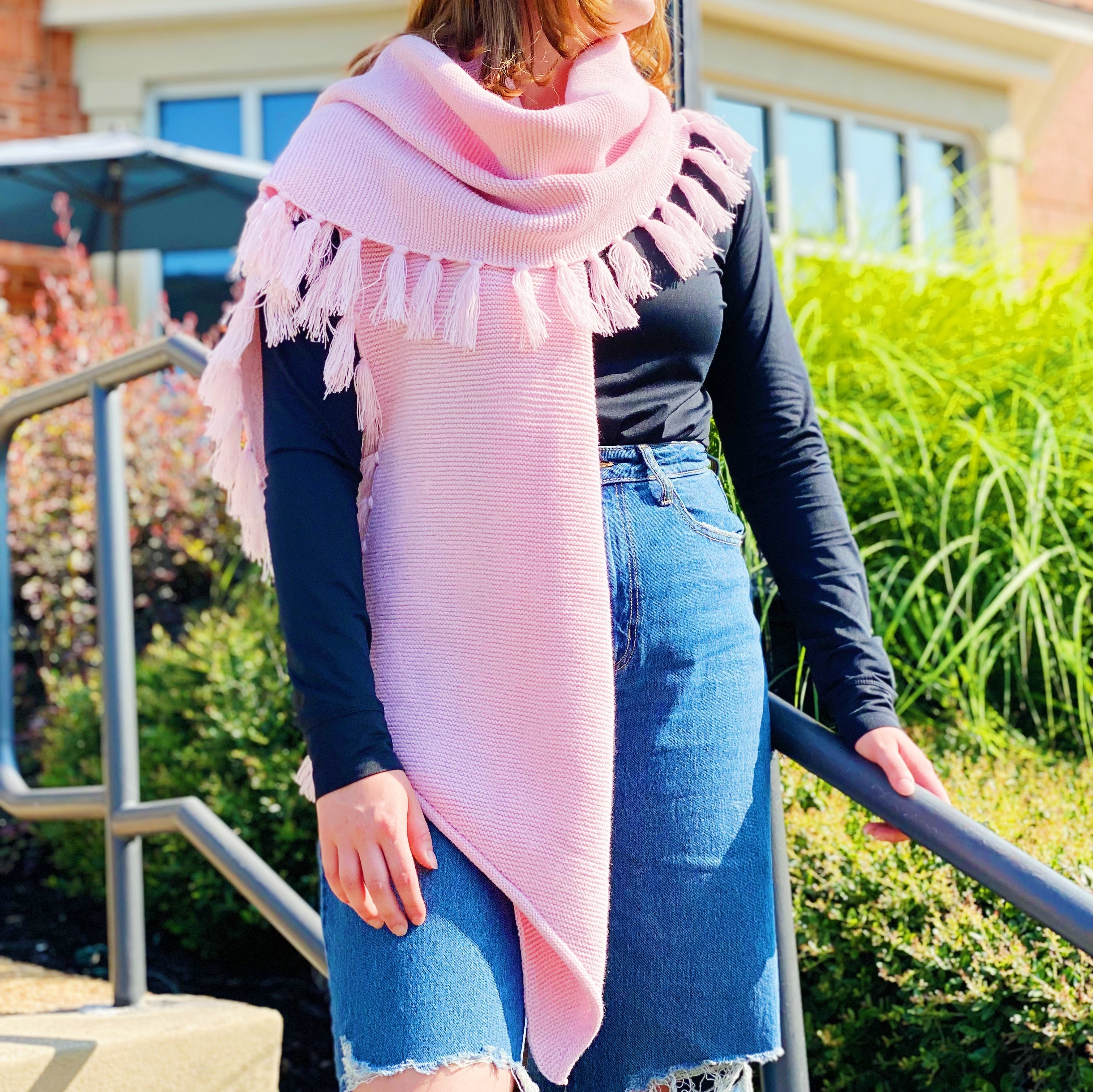 Feminine Fringe Blanket Scarf – Soft Cozy Pink | Winter Fashion Accessory by Ellison+Young