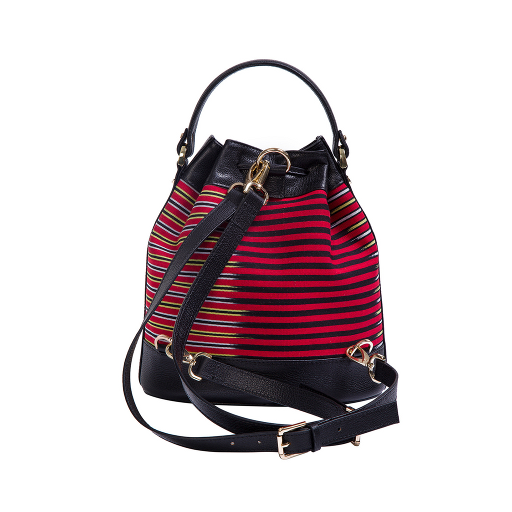 Handcrafted Black Leather & Striped Fabric Convertible 3‑in‑1 Bag – Hand, Shoulder & Backpack