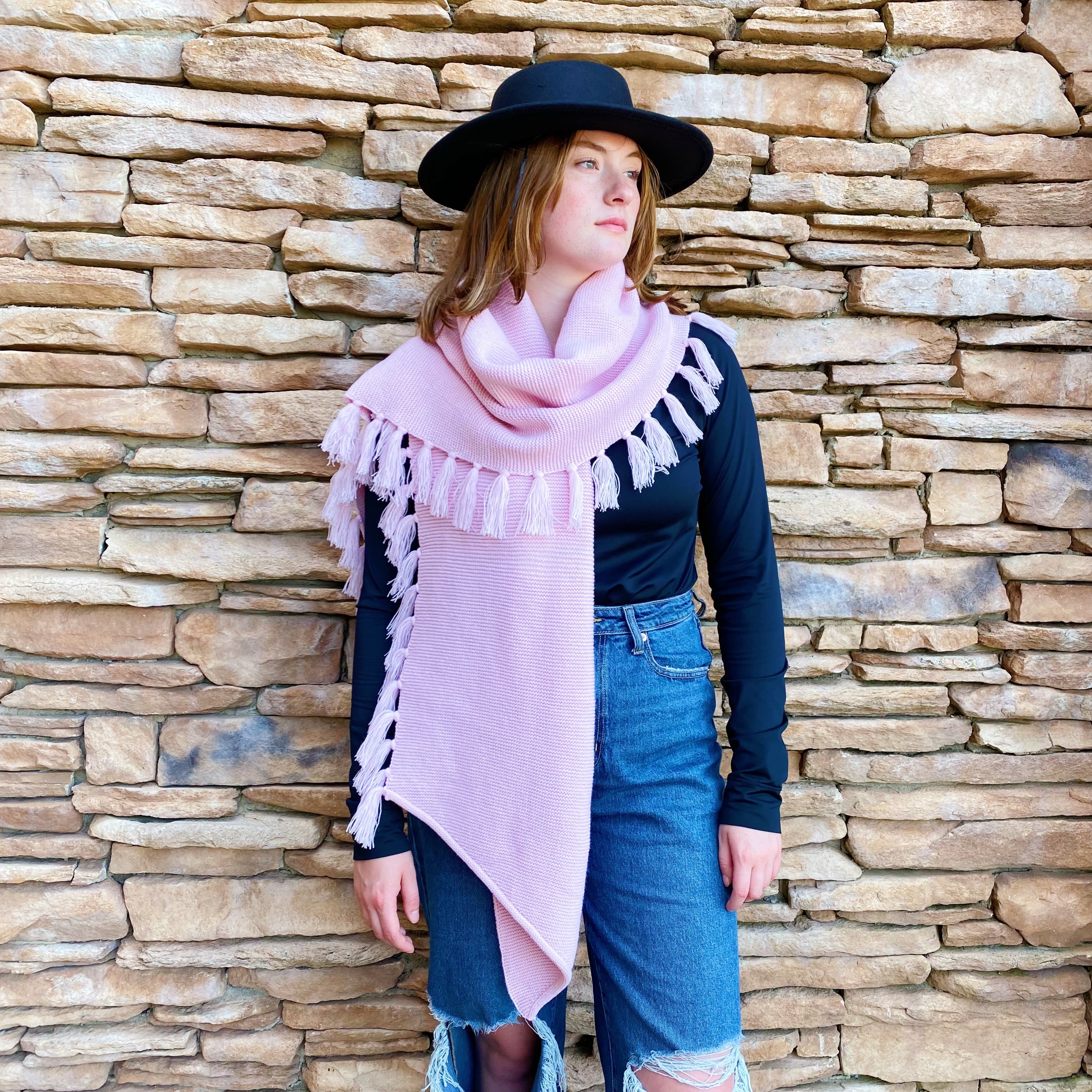 Feminine Fringe Blanket Scarf – Soft Cozy Pink | Winter Fashion Accessory by Ellison+Young