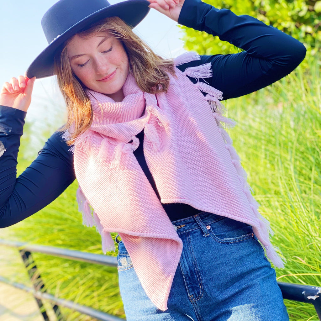 Feminine Fringe Blanket Scarf – Soft Cozy Pink | Winter Fashion Accessory by Ellison+Young