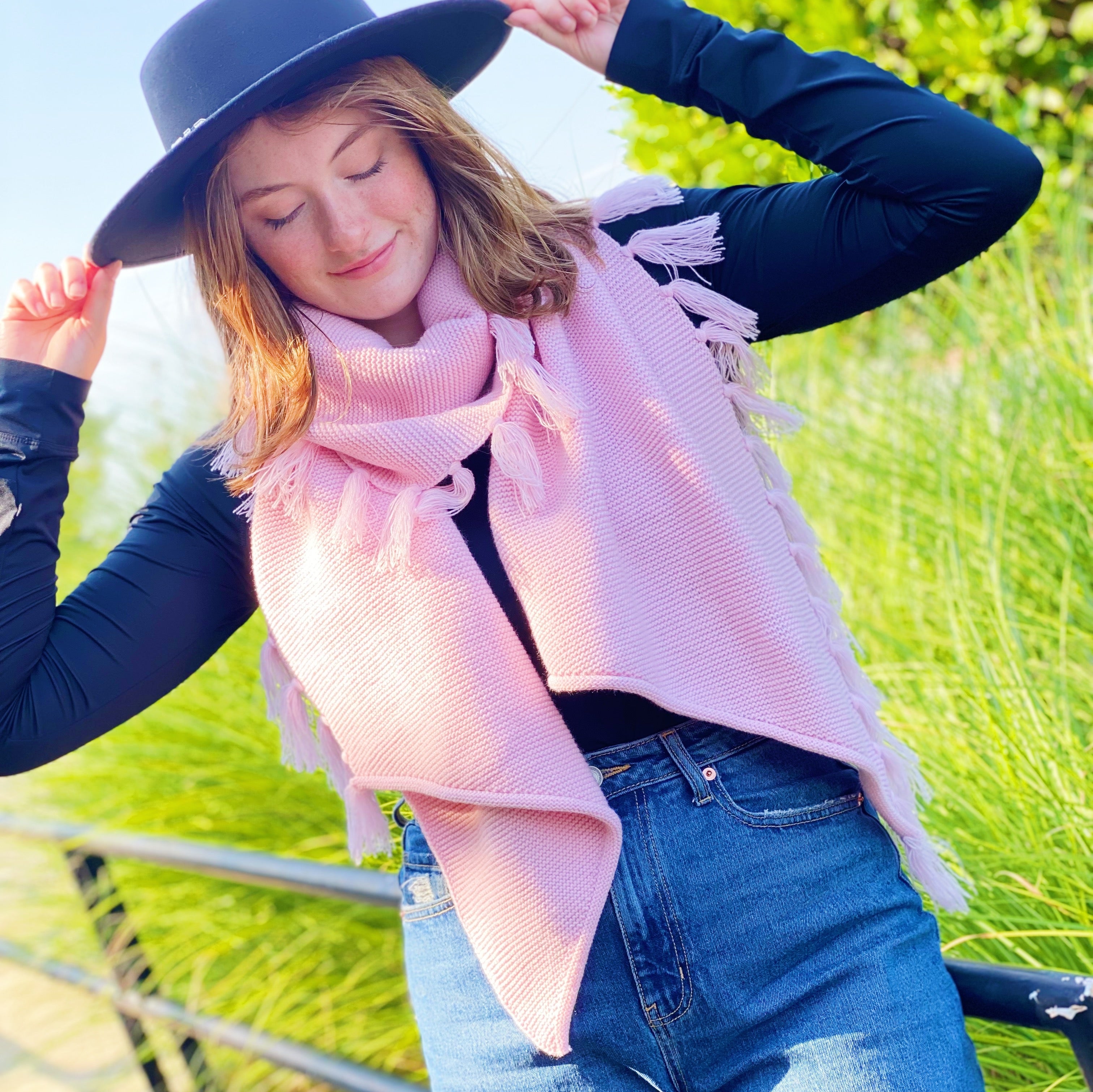 Feminine Fringe Blanket Scarf – Soft Cozy Pink | Winter Fashion Accessory by Ellison+Young