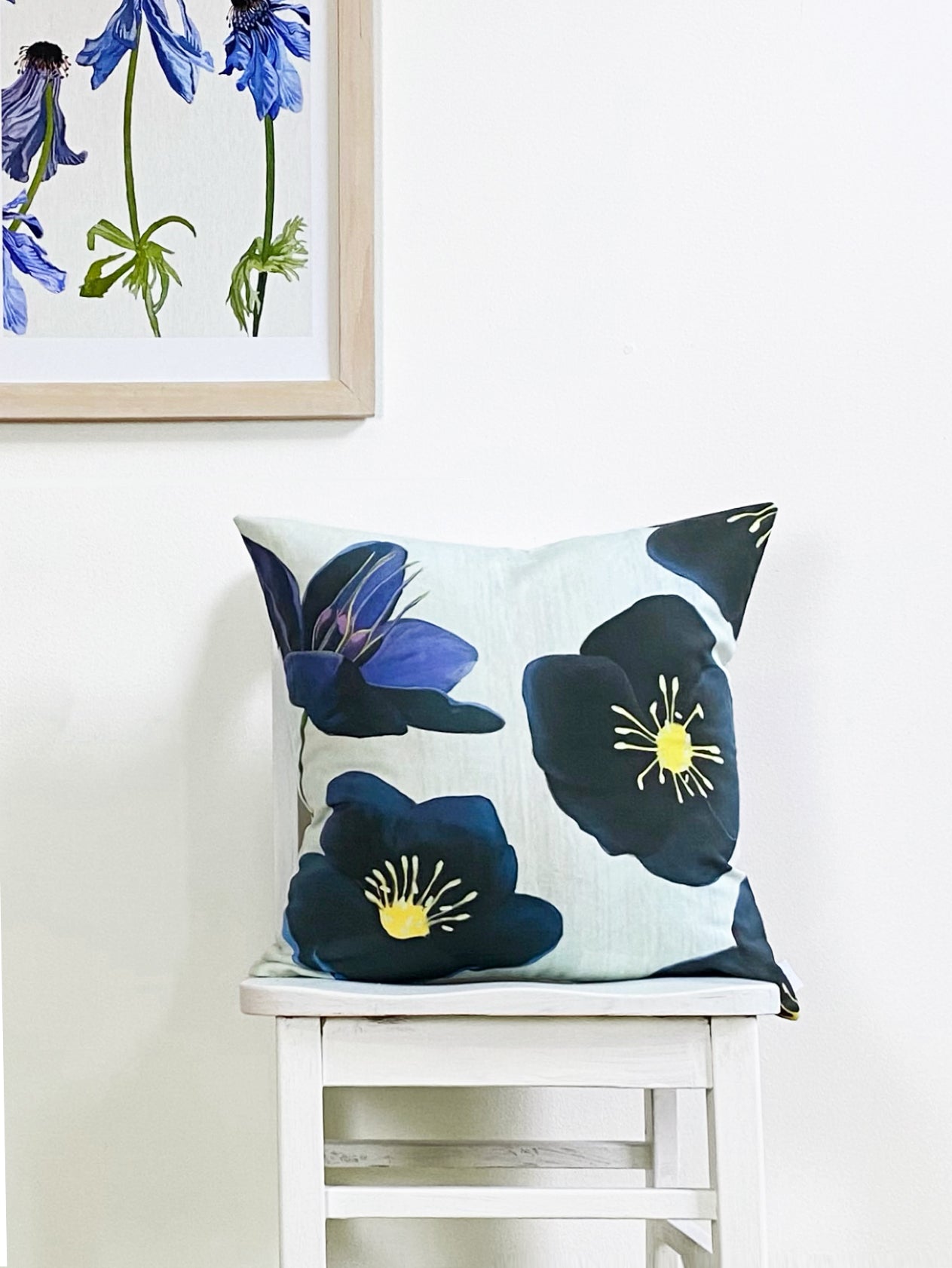 Black Hellebore Botanical Throw Pillow – Snow | Cotton‑Linen Art Cushion by India & Purry