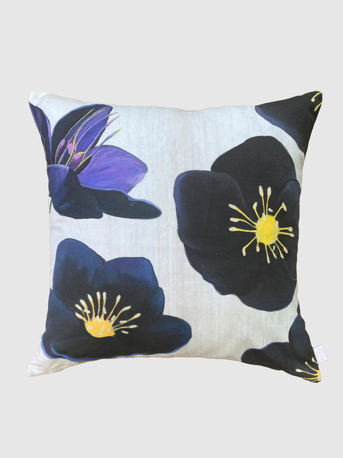 Black Hellebore Botanical Throw Pillow – Snow | Cotton‑Linen Art Cushion by India & Purry