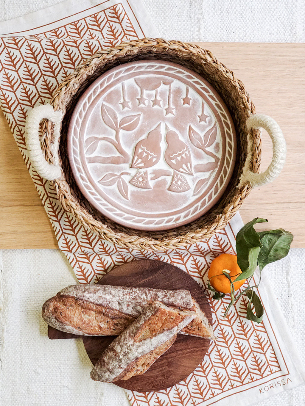 Lovebird Terracotta Bread Warmer Gift Set – Round Basket & Hand‑Printed Tea Towel | Korissa Artisan Serveware