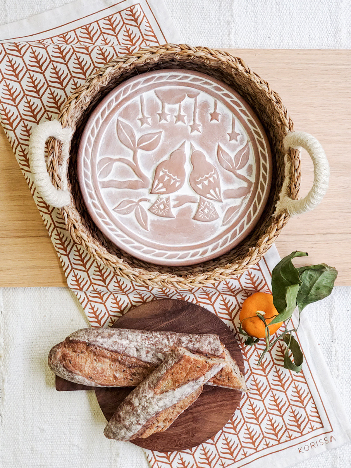 Lovebird Terracotta Bread Warmer Gift Set – Round Basket & Hand‑Printed Tea Towel | Korissa Artisan Serveware