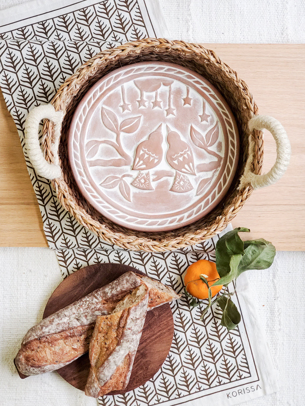 Lovebird Terracotta Bread Warmer Gift Set – Round Basket & Hand‑Printed Tea Towel | Korissa Artisan Serveware