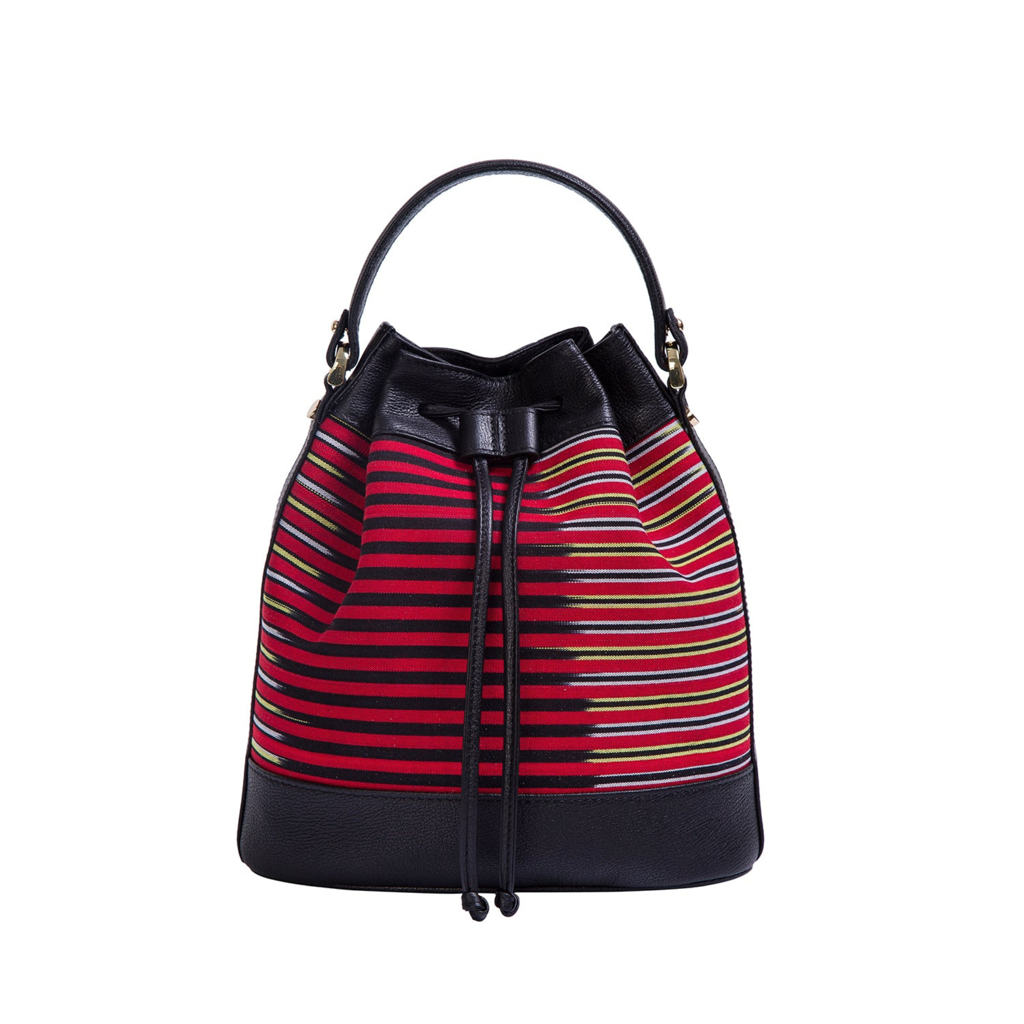 Handcrafted Black Leather & Striped Fabric Convertible 3‑in‑1 Bag – Hand, Shoulder & Backpack