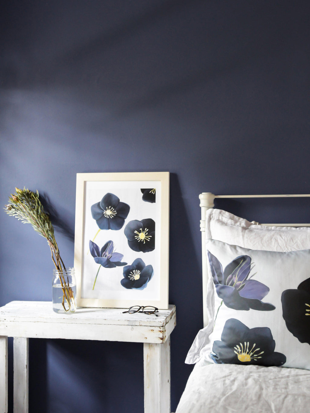 Black Hellebore Botanical Throw Pillow – Snow | Cotton‑Linen Art Cushion by India & Purry